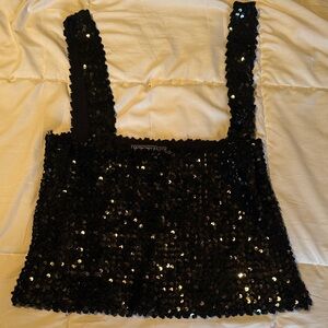 Sequin Crop Tank Top with Wide Straps - Black
